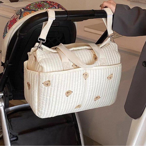 Beige bear embroidered quilted large diaper bag - Picture 6 of 6
